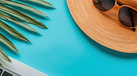 a hat and sunglasses on a blue surface.の素材