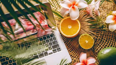 a laptop and fruit next to a fruit and flowers.の素材