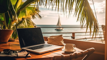 a laptop on a table with a cup and a hat on it.の素材