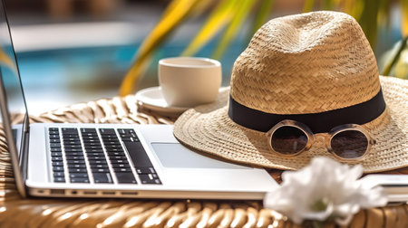 a laptop and a hat on a table.の素材