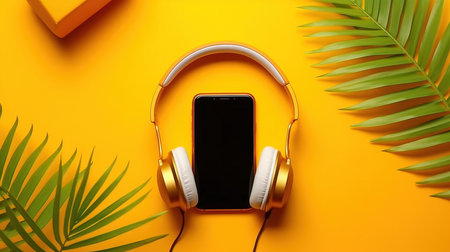 a phone and headphones on a yellow background.の素材