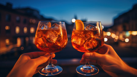 two hands holding glasses with ice and orange liquid.の素材