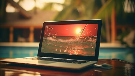 a laptop with a sunset on the screen.の素材