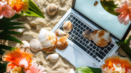 a laptop on the sand.の素材