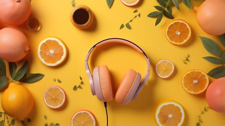 headphones and orange slices on a yellow background.の素材