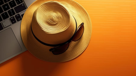 a hat and sunglasses on a yellow surface.の素材