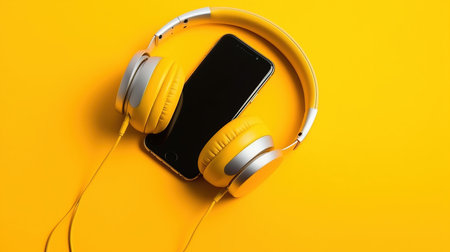 a phone and headphones on a yellow background.の素材