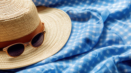 a hat and sunglasses on a blanket.の素材