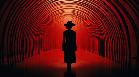 a woman in a hat walking in a tunnel.の素材