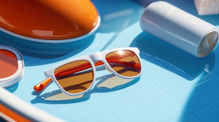 a pair of sunglasses on a blue surface.の素材