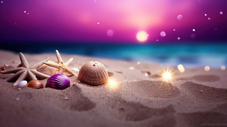 a seashells and starfish on sand.の素材