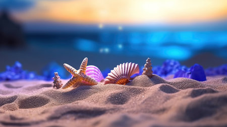 a group of shells and starfish on sand.の素材