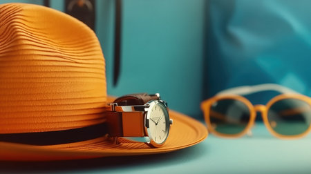 a hat and watch on a table.の素材