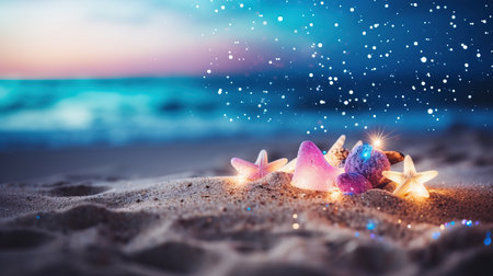 a starfish and shells on sand.の素材