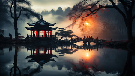 a bridge over water with a gazebo and trees.の素材