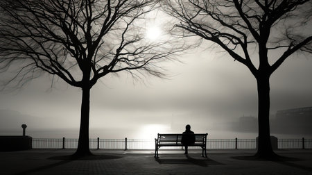 a person sitting on a bench by a lake.の素材