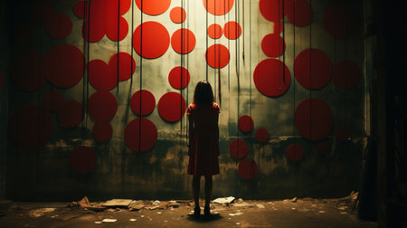 Halloween concept. Scary girl in a dark room with red balloonsの素材