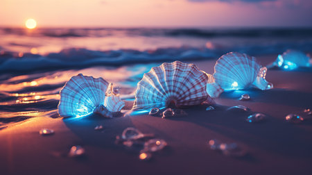 a group of shells on a beach.の素材
