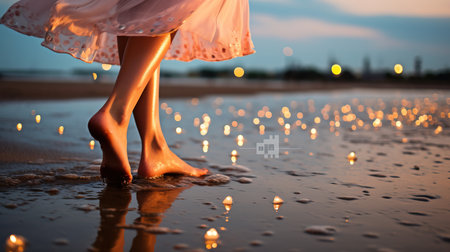 a person's legs and feet on wet sand.の素材