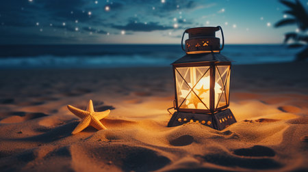 a lantern and starfish on sand at night.の素材