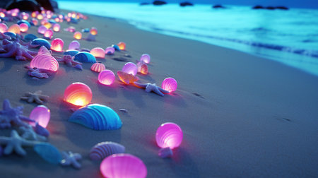 a group of colorful shells on a beach.の素材