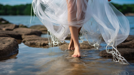 a person walking on rocks in water.の素材