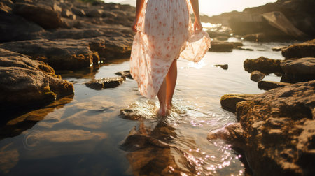 a woman walking in water.の素材