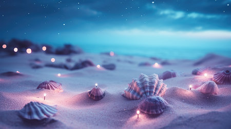 a group of shells on sand with lit candles.の素材