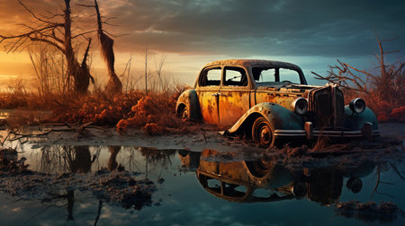 an old car in a swamp.の素材