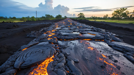 lava flowing lava on a road.の素材