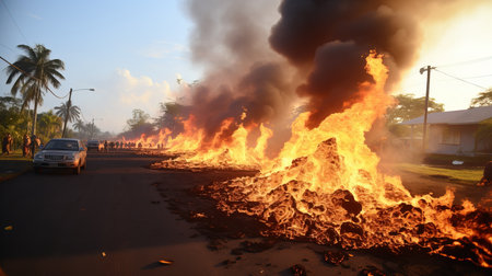 a large fire with black smoke and clouds.の素材