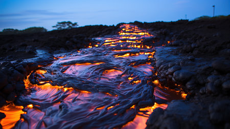 lava flowing lava in a rocky area.の素材