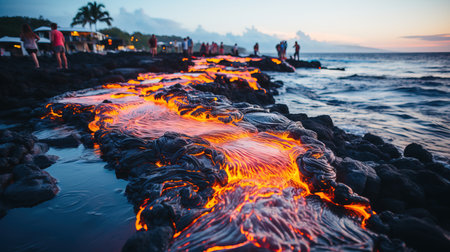 lava flowing into the ocean.の素材