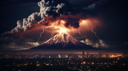 a volcano erupting over a city.の素材