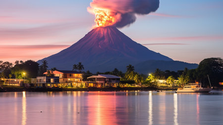 a volcano erupting over a town.の素材