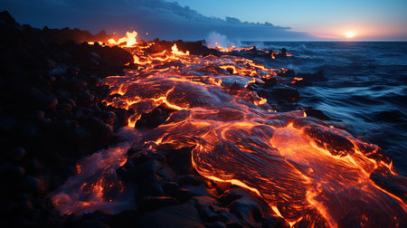 lava flowing lava on a rocky beach.の素材