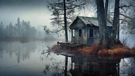 a small cabin on the water.の素材