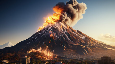 a mountain with smoke and flames.の素材