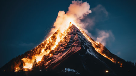 a mountain fire with smoke and trees.の素材