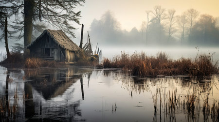 a small house next to a body of water.の素材