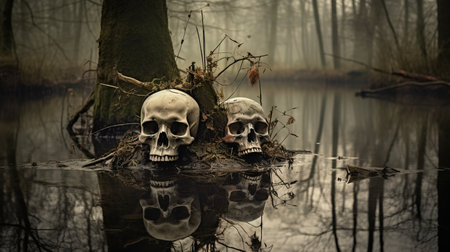 skulls in the water with a tree and a tree.の素材
