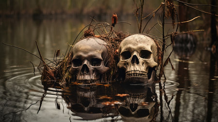 a pair of skulls in water.の素材