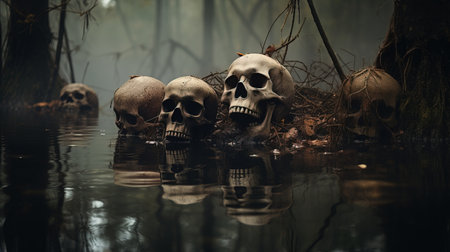 a group of skulls in water.の素材