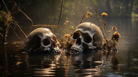 a skull in water with plants and flowers.の素材