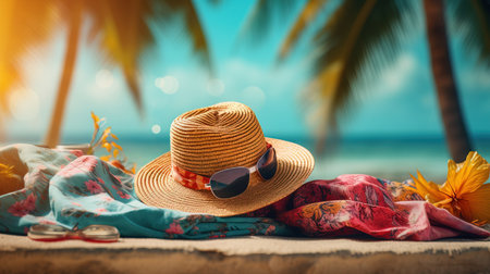 a hat and sunglasses on a beach.の素材