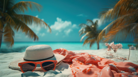 a hat and sunglasses on a beach.の素材