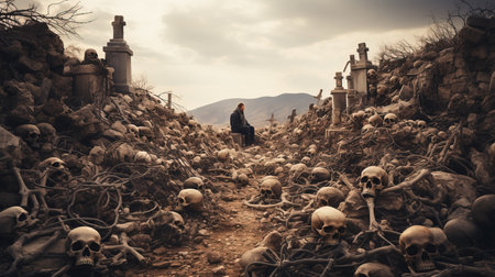 a man sitting on a bench in a cemetery.の素材
