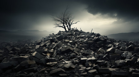 a tree on top of a pile of rocks.の素材