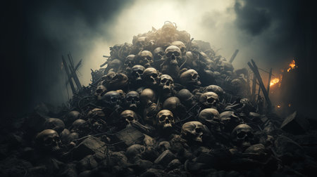 a pile of skulls and rocks.の素材
