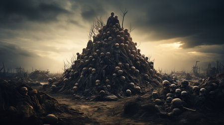 a pile of skulls in a field.の素材